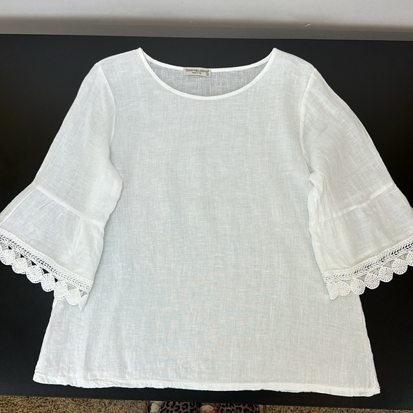 Terzo Millennio White 100% Linen 3/4 Bell Sleeves Crochet Lace Trim Top β¦ - Picture 11 of 11